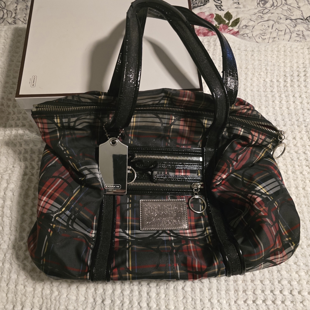 Coach Black and Red Tartan Carli Purse/HandBag with Plaid Design, POPPY